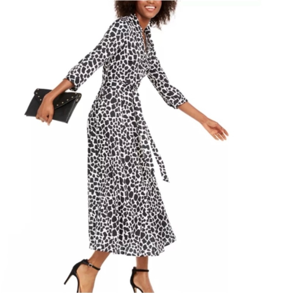 NWT INC Animal-Print Maxi Shirtdress Black White Belt Collar 3/4 Sleeve Size 16 - Picture 2 of 10